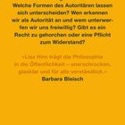Text über Autorität hinterfragt Gehorsam und Widerstand. Zitat von Barbara Bleisch lobt Lisz Hirn. Gelber Hintergrund.