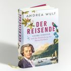"DER REISENDE" von Andrea Wulf. Cover zeigt ein Porträt von Georg Forster, tropische Pflanzen und eine Landschaft mit Segelbooten.