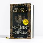 Buchtitel: "Das Monument der Hoffnung" von Ildefonso Falcones. Historischer Roman. Goldene Verzierung mit Löwenmotiv.