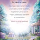 Text: "Die Zukunft der Wächter" beschreibt eine Fantasy-Geschichte um Berry, die eine Insel vor Zerstörung schützen muss. Illustration: Zauberhafte Landschaft mit Tempeln und Teich.