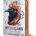 "WILDERLAND DER BERG" von Gina Mayer. Illustration eines bunten Vogels vor feurigen Bergen und einem Mond.