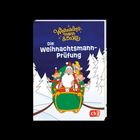 "Weihnachtsmann & Co. KG: Die Weihnachtsmann-Prüfung" ist oben, Illustration mit Weihnachtsmann und Elfen im Schlitten.