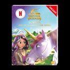 Text: „Unicorn Academy: Sophia und die magische Einladung“, „Vorläufig“. Junge Frau mit buntem Haar neben lila Einhorn.