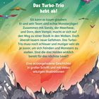 „Das Turbo-Trio hebt ab!“ Text über Berge mit bunten Vögeln vor einem Himmel in Grün- und Orangetönen.