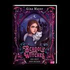 „Gina Mayer“, „School of Witches“, „Die Zeit der Hexen“. Mädchen mit Katze, Schloss im Hintergrund, dekorativer Rahmen.