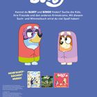 Unter dem Schriftzug "BLUEY" stehen Bluey und Bingo in roten und rosa Hoodies vor blauem Hintergrund. Darunter sind Buchcover.