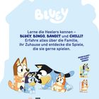 Lerne die Heelers kennen - Bluey, Bingo, Bandit und Chilli! Illustration von vier Cartoon-Hunden in freundlicher Interaktion.