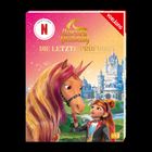 "Unicorn Academy: Die letzte Prüfung", oben Logo einer bekannten Streaming-Serie. Ein Mädchen und ein Einhorn vor einem Schloss.