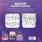 "KPOP DEMON HUNTERS" oben, Beschreibung eines Malbuchs. Unten Buchcover, Abbildungen von Figuren und Herzen.
