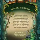 Texte: „Der magische Wald ruft“, „Bist du bereit für das Abenteuer deines Lebens?“. Eine Illustration zeigt eine Uhr, Bücher, eine Eule und einen schwarzen Kater in einem Wald.