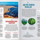 **"Wunder der Natur"**: Der Amazonasregenwald bedeckt 40% Brasiliens, bekannt für beeindruckende Natur. **"Ab in den Wald"**: Amazonas als "grüne Lunge der Erde". **"NATUR-HIGHLIGHTS"** und **"WALD-HIGHLIGHTS"** zeigen wichtige Orte. Fotos zeigen Wasser- und Waldlandschaften.