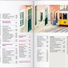 Inhalt mit Themen wie Lissabon, Algarve und Porto. Rechts ist eine bunte Illustration mit einer gelben Straßenbahn in einer Altstadt.