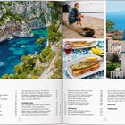 "Inhalt" steht groß geschrieben. Links felsige Küste und Boote, rechts oben Frau am Strand, rechts unten Fischgericht, Kirchturm.