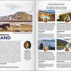 "WILLKOMMEN IN ISLAND" und "LIEBLINGSPLÄTZE" als Überschriften. Bild von zwei Islandpferden vor Bergen. Texte zu Autoren und Erlebnissen.
