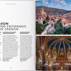 "MEHR DAVON: GRÜNE UND ENTSPANNTE TOUREN IN SPANIEN" beschreibt Radtouren in Andalusien, Aragón und Valencia. Oben rechts eine Stadtansicht mit befestigter Mauer, unten eine reich verzierte Kirchenhalle.