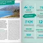**Linke Seite:** Überschrift: Landschaft & Leute auf Kreta. Bild zeigt Küste mit Strand und Bergen. Text beschreibt Kreta als vielfältige Insel mit historischen Stätten und Naturlandschaften.

**Rechte Seite:** Titel: Natur in Zahlen. Aufzählung: Höchster Gipfel 2456 m, 17 km lange Samaria-Schlucht, 1046 km Küstenlinie, 750 exklusive Pflanzenarten, 100.000 Ziegen, 12% Naturschutzfläche, 300 Sonnentage, 40 Grad im Juli, halber Liter Wasserbedarf pro Stunde.