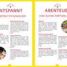 Links: "ENTSPANNT - AUSZEITEN FÜR GENIESSER" mit Beschreibungen zu entspannten Aktivitäten. Rechts: "ABENTEUER - EINE KLEINE PORTION ACTION" mit abenteuerlichen Erlebnissen.