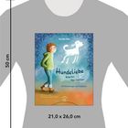 Die Texte: „Kerstin Hau“, „Hundeliebe bleibt für immer“, „Ein Erinnerungs- und Trostbuch“. Illustration: Kind mit Hund.