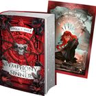 „Becca S. Hale, Symphony of the Sinner, Die Sünderin.“ Buch mit Totenkopf, roten Blüten und Frau mit rotem Haar, umgeben von Schwertern.