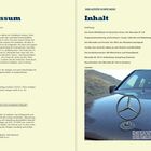 Links "Impressum", rechts "DER LETZTE ECHTE BENZ Inhalt". Bild zeigt das Mercedes-Logo auf einer Motorhaube.