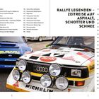"INHALT" und "RALLYE LEGENDE" sind die Überschriften. Zwei Rallye-Autos im Vordergrund: ein blaues Subaru und ein weißes Audi.