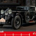 "Rallye Automobile Monte Carlo", "Januar", Retro-Auto in dunklem Raum, schwarze Karosserie, zwei Ersatzreifen.