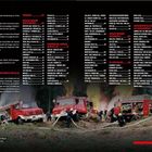 Impressum und Inhaltsverzeichnis zeigen eine Liste von Fahrzeugherstellern. Unten sind Feuerwehrleute und brennende LKWs im Wald.