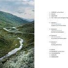 Texte: Vorwort, Prolog, Einleitung, Pilgerpfade, diverse Abschnitte. Links Landschaft mit grünem Tal und kleinem Fluss.