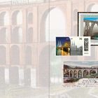 Links steht ein Inhaltsverzeichnis. Rechts sind mehrere Briefmarken mit Brückenmotiven. Der Hintergrund zeigt ein großes Viadukt.