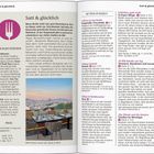 "Satt & glücklich" ist der Titel. Links oben ein Logo mit einer Gabel und Messer. Unten Foto: Tisch mit Stühlen, Stadtblick.