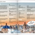 "Zahlen, bitte!" oben links, gefolgt von Daten über Valencia, darunter 19 Bezirke, 21 Orangensorten, 300 Sonnentage. Stadtansicht im Hintergrund.
