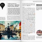 „Sightseeing per Linienbus – vom East End in den Westen“. „Piccadilly Circus ist vielleicht der bekannteste Platz in London". Unten links eine belebte Stadtansicht mit Statue. Außen rechts, roter Doppeldeckerbus.