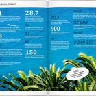 Zahlen und Fakten über Orte in Frankreich mit blauem Hintergrund und Palmen unten. Zahlen, Entfernungen, Temperaturen.