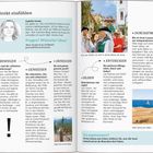 Texte: "Direkt einfühlen", "Izabella Gawin", "Fragen? Wünsche? Ideen?", "BEWEGEN", "GENIESSEN", "ERFRISCHEN", "ENTDECKEN", "ERLEBEN", "DURCHATMEN", "Gut angekommen?". 
Illustration einer Frau. Foto von Menschen auf einer Feier und einem Boot am Meer.