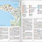 Eine Landkarte von Poreč mit Sehenswürdigkeiten, Essen & Trinken, Übernachten, Einkaufen, und Aktivitätsoptionen. Texte zu Orten, Beschreibungen und Adressen sind enthalten. Links ein Stadtplan, rechts Informationen zu verschiedenen Kategorien und Empfehlungen.
