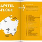 "2. Kapitel Ausflüge" steht in großen Buchstaben. Rechts ist eine Liste mit Aktivitäten und Seitenzahlen. Links eine Karte.