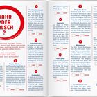 "Wahr oder Falsch?" Rot umrandet. Liste numerierter Behauptungen 1-11 mit Kästchen zum Ankreuzen. Illustrationen auf Seite.