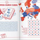 IN ETAPPEN DURCH EUROPA. Eine Illustration zeigt einen Koffer und eine Europakarte. Ein Wortgitter enthält Buchstaben.