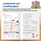 Lesetechnik und Leseflüssigkeit. Ideal für Kinder beim Lesenlernen. Eine offene Buchseite mit Aufgaben und bunten Illustrationen.