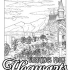 „Greetings from Hogwarts: School of Witchcraft and Wizardry“. Schloss auf einem Hügel, Kutschen im Vordergrund.