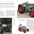 "Der Rolls-Royce unter den Traktoren. Kein Traktor verließ die Werkshallen von Hans Hürlimann,..."

Links oben ein Traktor auf Waldweg, rechts ein grüner, glänzender Traktor im Studio auf Steinboden.