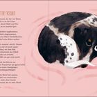 "Mein bester Freund" in Großbuchstaben. Text beschreibt die Bindung zu einem Hund. Rechts eine Illustration eines gefleckten Hundes auf rosa Hintergrund.