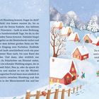 Willkommen in Nisseberg. Eine verschneite Winterlandschaft mit roten Holzhäusern, Tannenbäumen und Weihnachtswichteln.