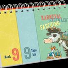 Noch 9 Tage bis Karneval, Fastnacht, Fasching. Illustration einer Kuh im Piratenkostüm mit Ente.