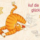 Text: "Auf die Plätzchen, glücklich, los!" und "2". Illustration: Eine Katze mit Mütze backt Kekse mit Mäusen.