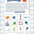 "Mein Küstenbingo. Glückwunsch!" Bingo mit maritimen Symbolen: Krabbe, Muschel, Leuchtturm, Fisch, Boot, Qualle, Eimer, Rettungsring.