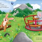 Ein Hase auf einer Wippe, Elefant auf Karussell, Katze im Busch, Maus neben Essen, bunte Wiese mit Blumen, Schmetterling fliegt.