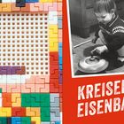 „SPASS IST PFLICHT“ auf blauem Emblem. Text: „KREISEL & EISENBAHN“. Bunte Mosaiksteine, spielendes Kind mit Kreisel und Modelleisenbahn.