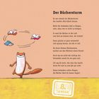 Text: „Der Büchersturm“ und „8. Januar“. Illustration: Ein fröhliches Tier, Bücher schweben in der Luft.