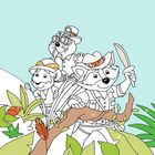 Illustration von drei Tieren mit Hüten in Abenteurerkleidung, umgeben von Blättern und Ästen.